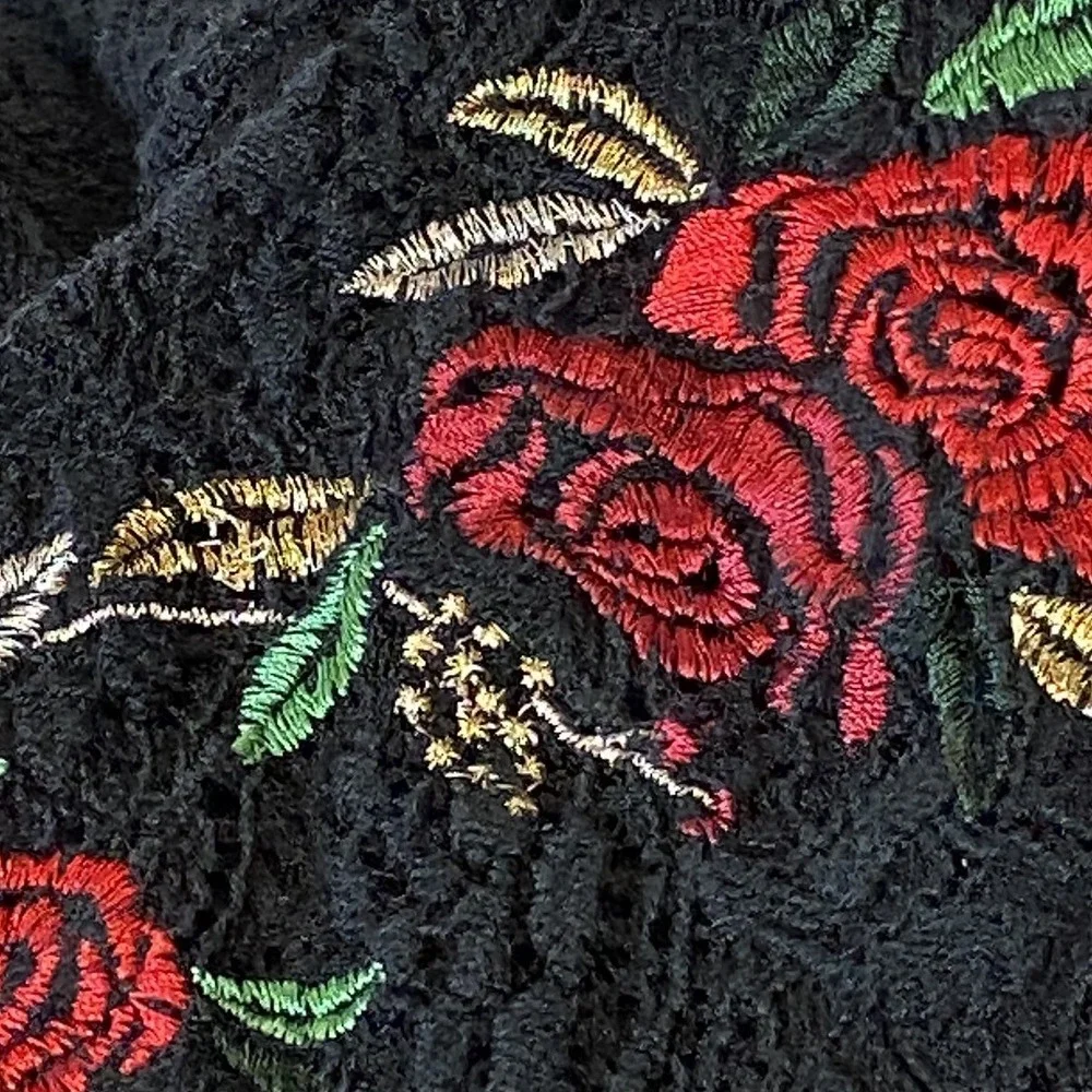 Lace Embroidered Rose Top Womens S Black Whimsigoth Sheer Oversized Elegant Goth - Picture 3 of 9